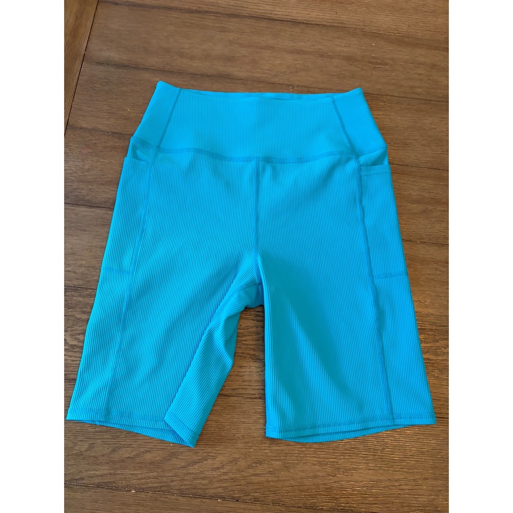 Skechers Biker Shorts Women Medium Blue Ribbed High Waisted Side Pockets Workout